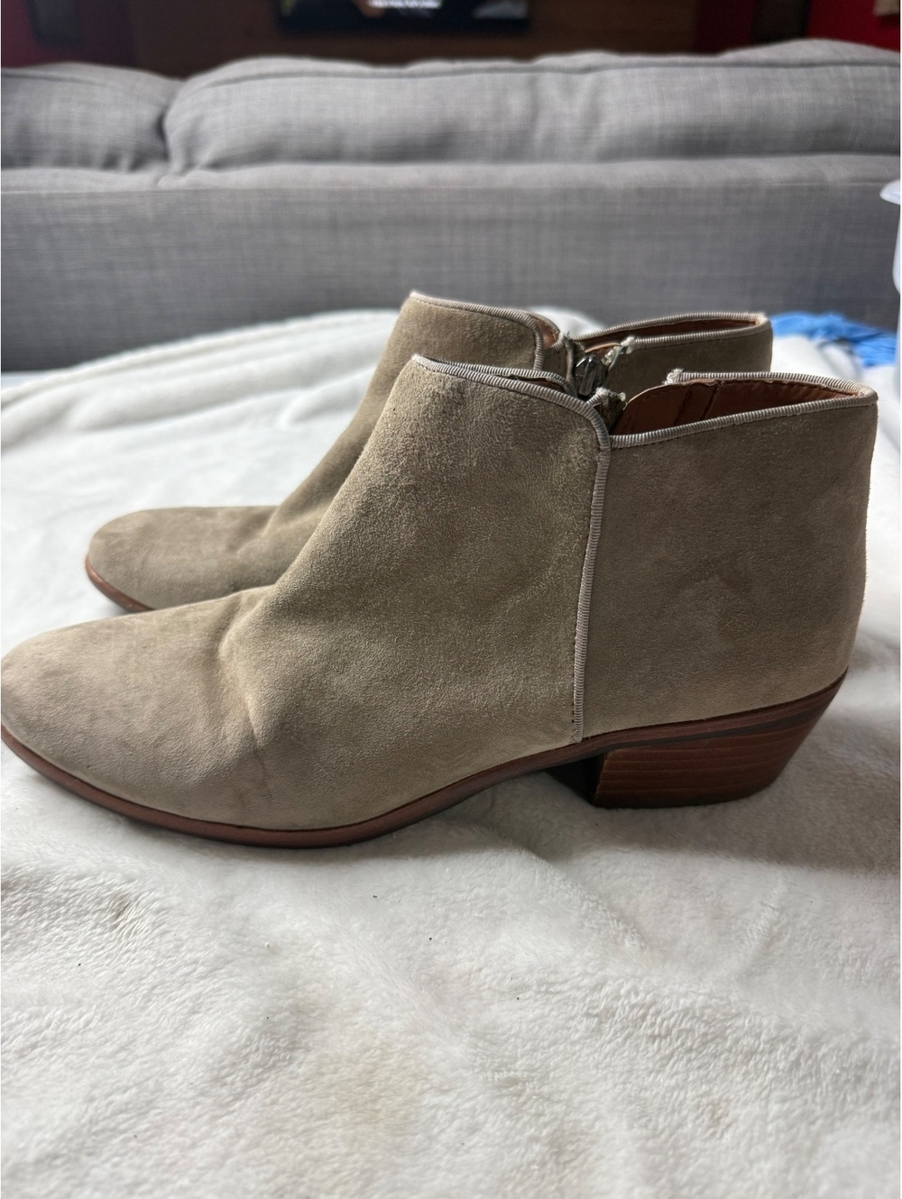 Sam Edelman Beige Suede Ankle Boots with Side Zipper and Low Stacked Heel